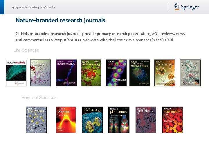 Springer Author Academy| 9/4/2021 | 6 Nature-branded research journals 21 Nature-branded research journals provide