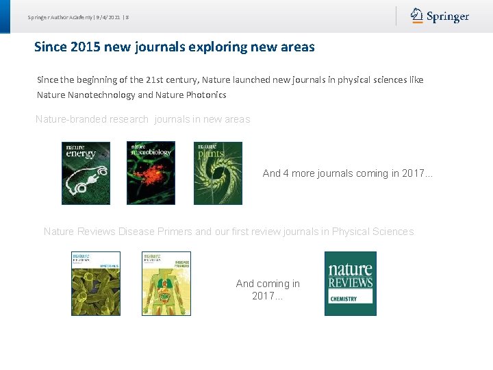 Springer Author Academy| 9/4/2021 | 8 Since 2015 new journals exploring new areas Since
