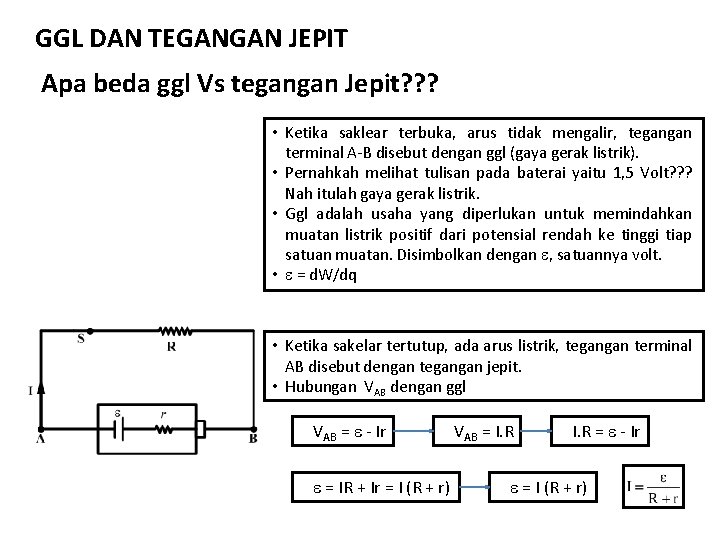 GGL DAN TEGANGAN JEPIT Apa beda ggl Vs tegangan Jepit? ? ? • Ketika