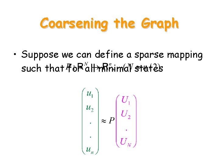Coarsening the Graph • Suppose we can define a sparse mapping such that for