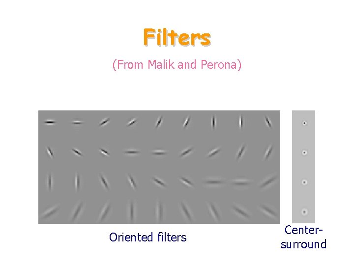 Filters (From Malik and Perona) Oriented filters Centersurround 