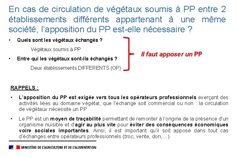 En cas de circulation de végétaux soumis à PP entre 2 établissements différents appartenant
