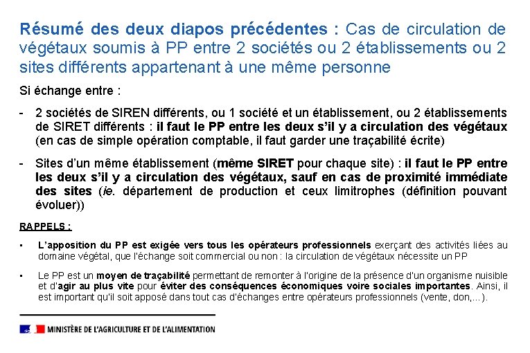 Résumé des deux diapos précédentes : Cas de circulation de végétaux soumis à PP