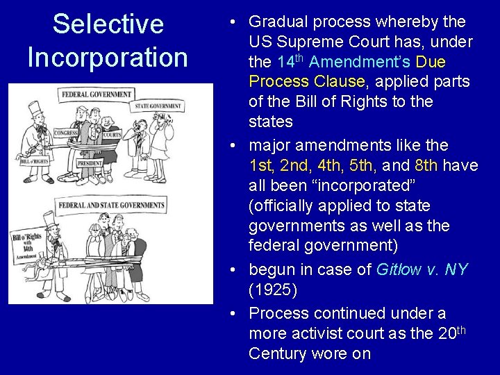 Selective Incorporation • Gradual process whereby the US Supreme Court has, under the 14