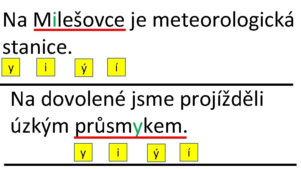 Na Milešovce je meteorologická stanice. y i ý í Na dovolené jsme projížděli úzkým