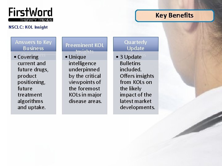 Key Benefits NSCLC: KOL Insight Answers to Key Business Questions • Covering current and