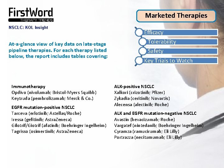 Marketed Therapies NSCLC: KOL Insight At-a-glance view of key data on late-stage pipeline therapies.