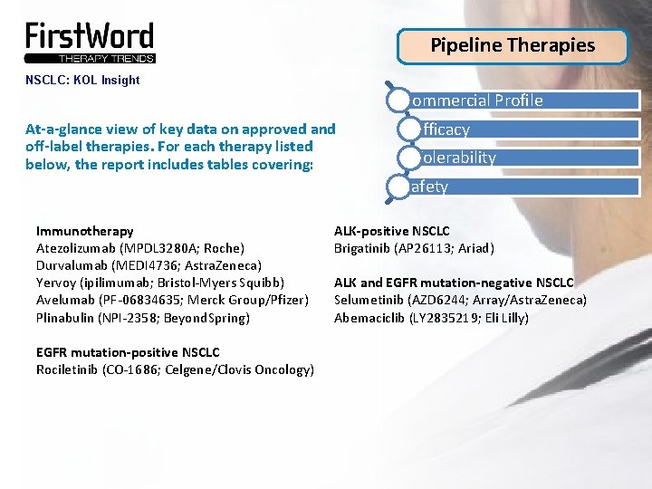 Pipeline Therapies NSCLC: KOL Insight Commercial Profile At-a-glance view of key data on approved