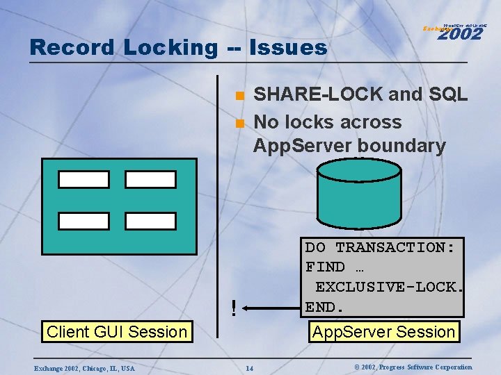 2002 PROGRESS WORLDWIDE Record Locking -- Issues SHARE-LOCK and SQL No locks across App.