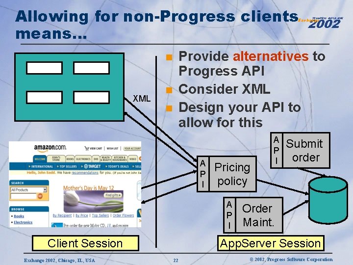 Allowing for non-Progress clients means… 2002 PROGRESS WORLDWIDE Exchange Provide alternatives to Progress API