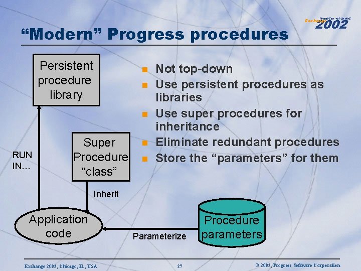 2002 PROGRESS WORLDWIDE “Modern” Progress procedures Persistent procedure library n n n RUN IN…