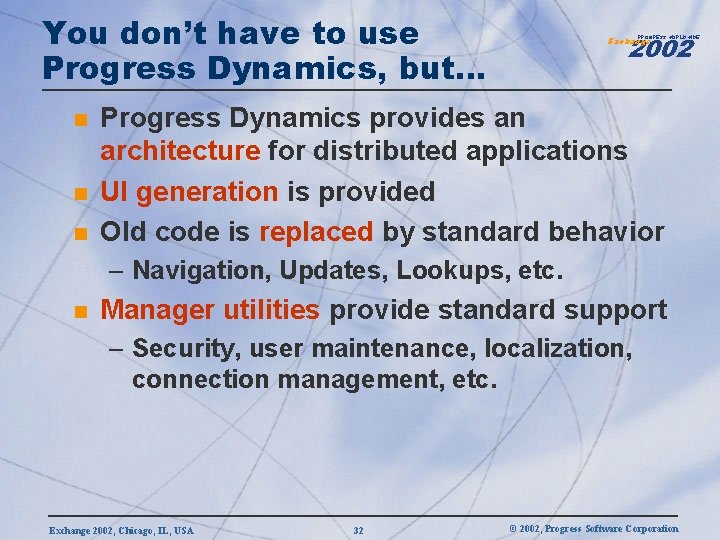 You don’t have to use Progress Dynamics, but… n n n 2002 PROGRESS WORLDWIDE