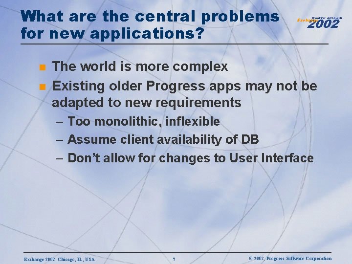 What are the central problems for new applications? n n 2002 PROGRESS WORLDWIDE Exchange