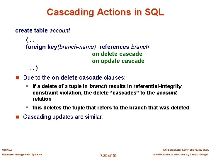 Cascading Actions in SQL create table account (. . . foreign key(branch-name) references branch