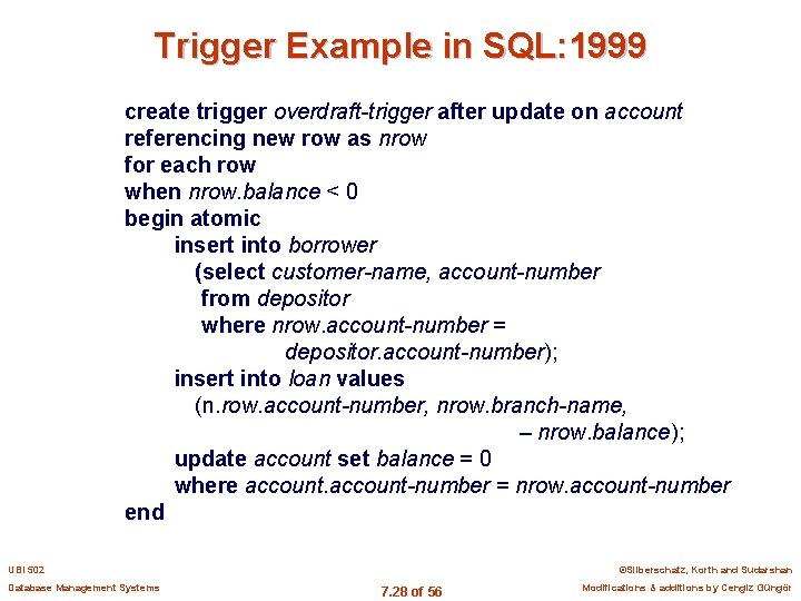 Trigger Example in SQL: 1999 create trigger overdraft-trigger after update on account referencing new
