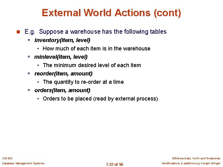 External World Actions (cont) n E. g. Suppose a warehouse has the following tables