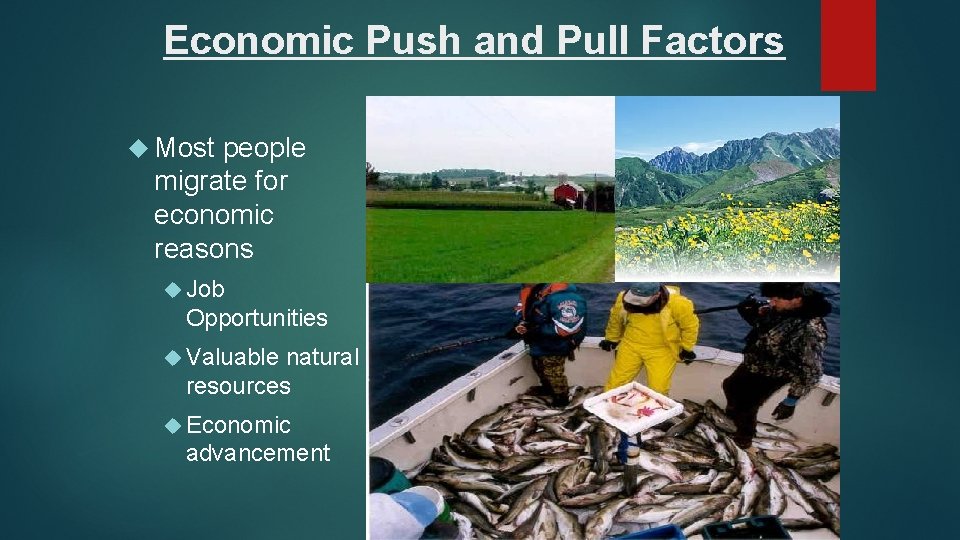 Economic Push and Pull Factors Most people migrate for economic reasons Job Opportunities Valuable
