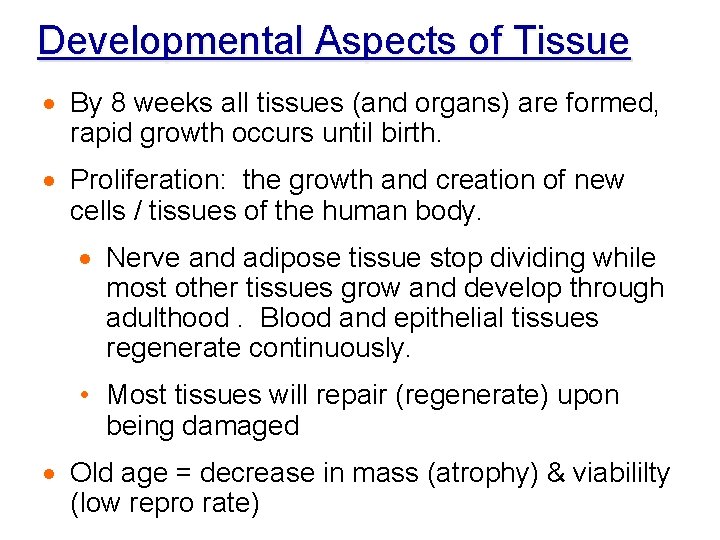 Developmental Aspects of Tissue · By 8 weeks all tissues (and organs) are formed,