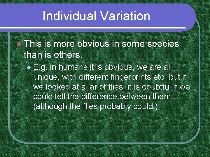 Individual Variation l This is more obvious in some species than is others. l Individual Variation l This is more obvious in some species than is others. l