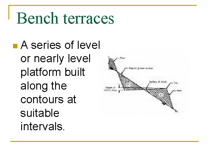 Bench terraces n. A series of level or nearly level platform built along the