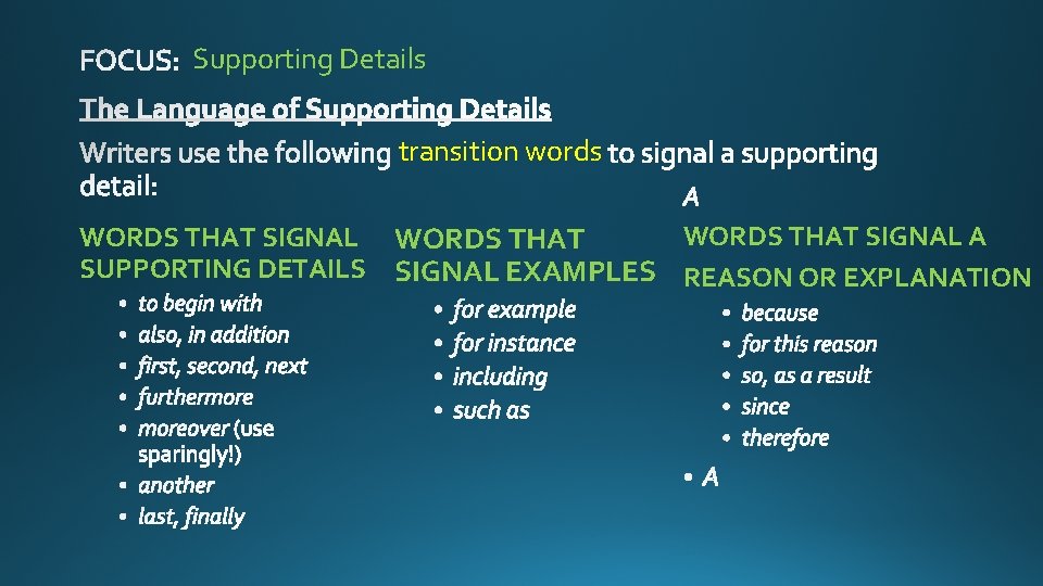 Supporting Details transition words WORDS THAT SIGNAL A WORDS THAT SIGNAL WORDS THAT SUPPORTING