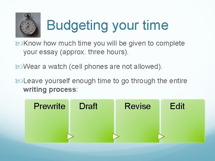 Budgeting your time Know how much time you will be given to complete your