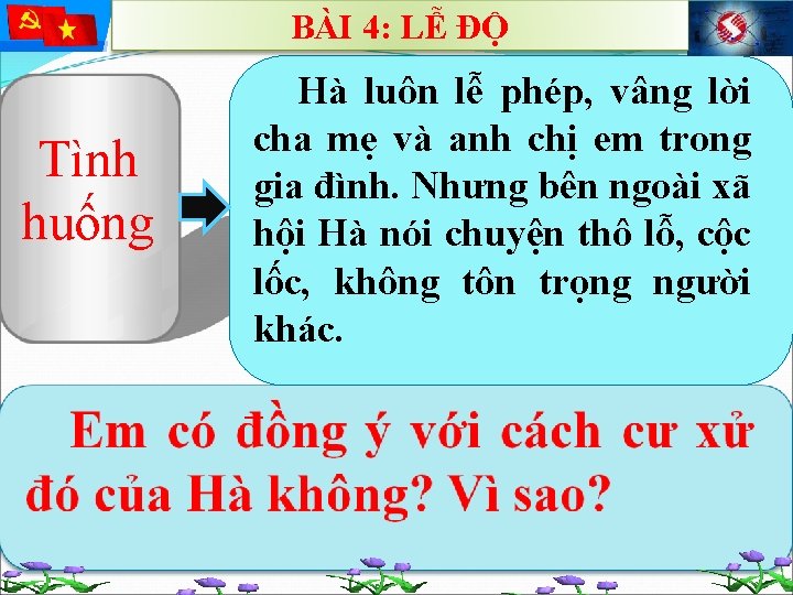 BÀI 4: LỄ ĐỘ Tình huống Hà luôn lễ phép, vâng lời cha mẹ