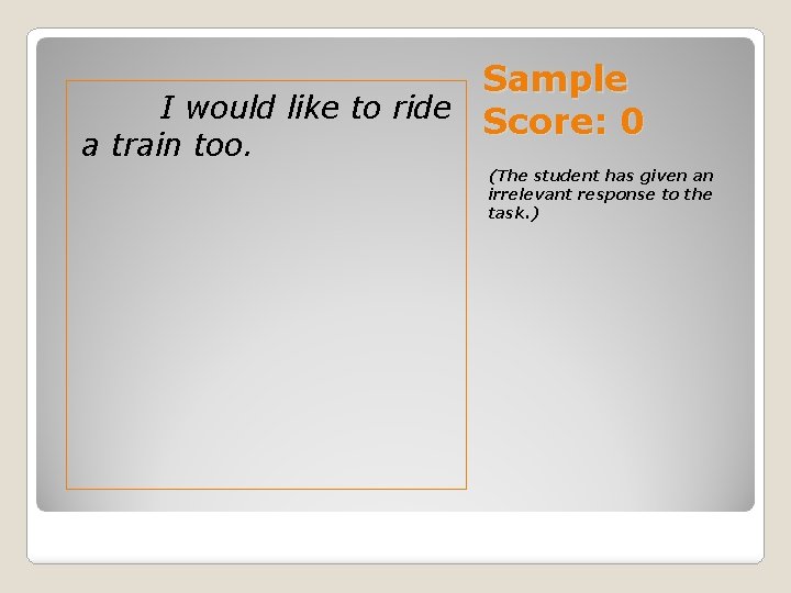 Sample I would like to ride Score: 0 a train too. (The student has