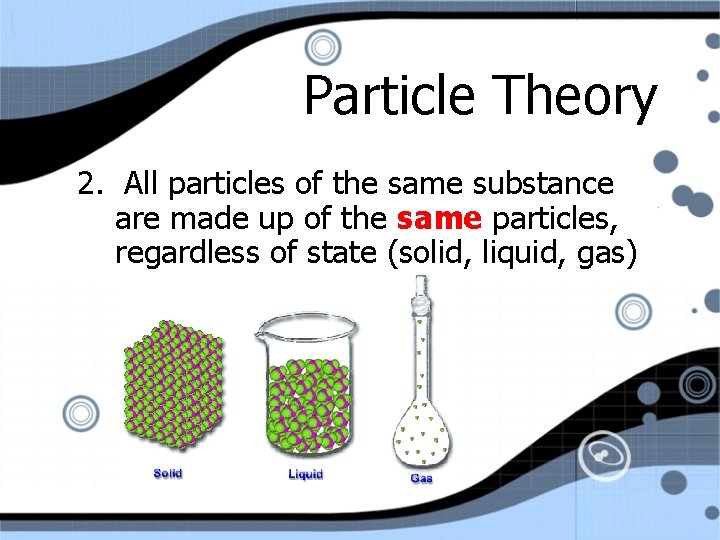 Particle Theory 2. All particles of the same substance are made up of the