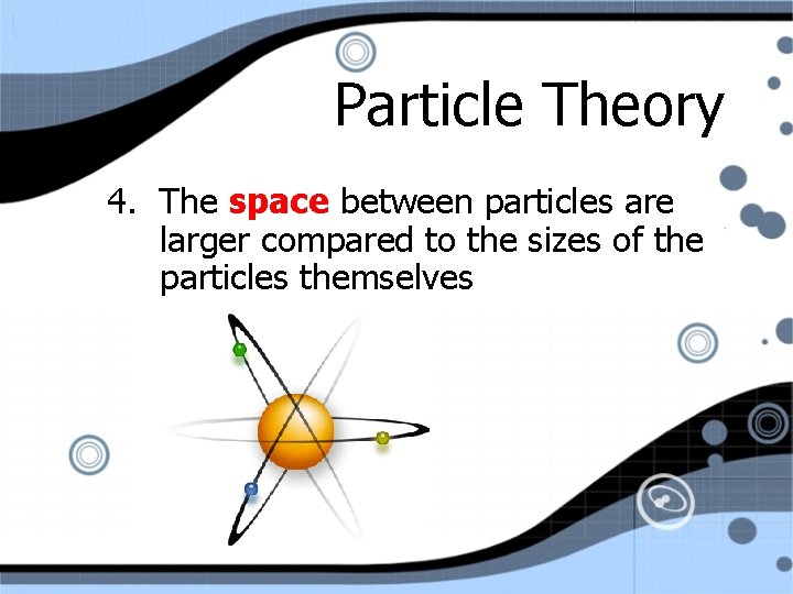 Particle Theory 4. The space between particles are larger compared to the sizes of