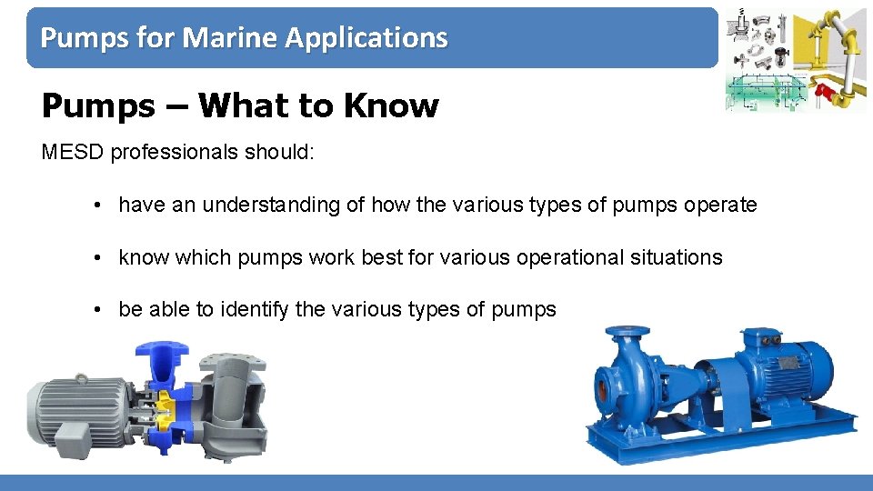 Pumps for Marine Applications Pumps – What to Know MESD professionals should: • have