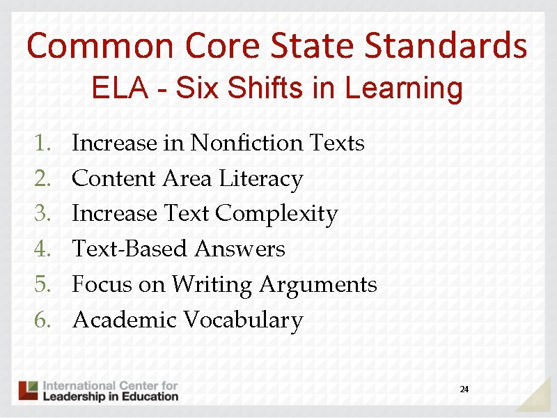 Common Core State Standards ELA - Six Shifts in Learning 1. 2. 3. 4.