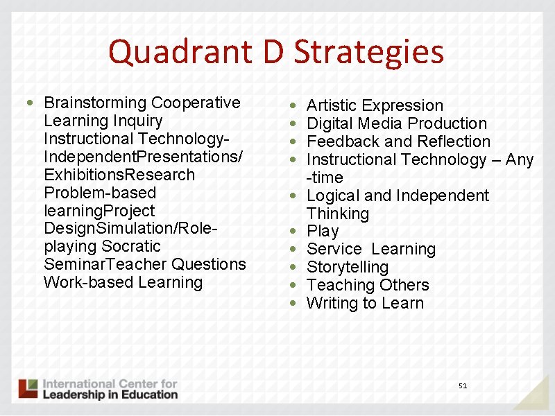 Quadrant D Strategies • Brainstorming Cooperative Learning Inquiry Instructional Technology. Independent. Presentations/ Exhibitions. Research