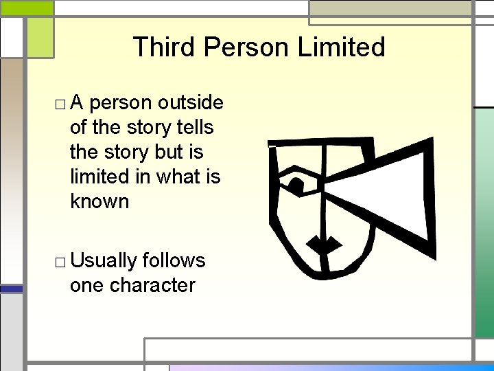 Third Person Limited □ A person outside of the story tells the story but