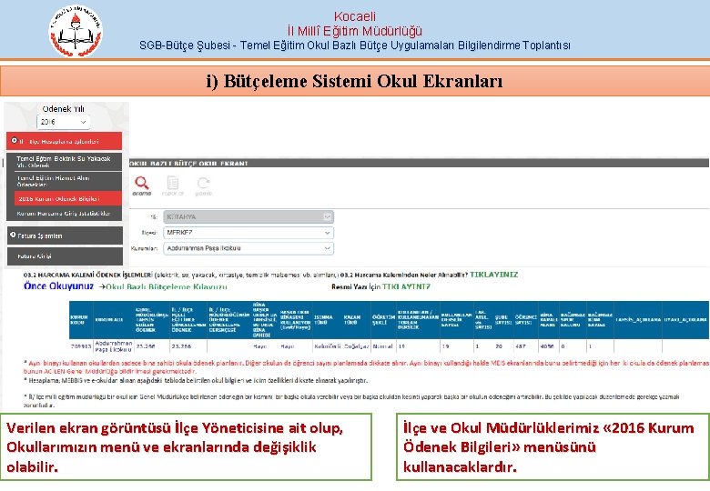 Kocaeli İl Millî Eğitim Müdürlüğü SGB-Bütçe Şubesi - Temel Eğitim Okul Bazlı Bütçe Uygulamaları