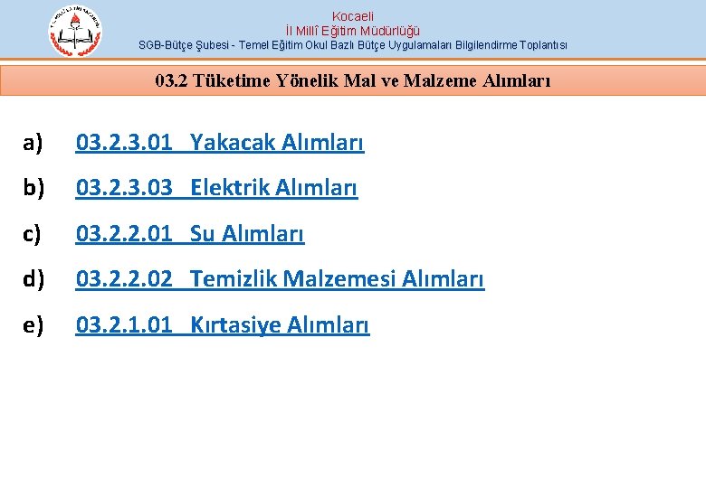 Kocaeli İl Millî Eğitim Müdürlüğü SGB-Bütçe Şubesi - Temel Eğitim Okul Bazlı Bütçe Uygulamaları