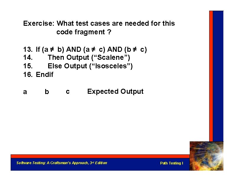 Exercise: What test cases are needed for this code fragment ? 13. If (a