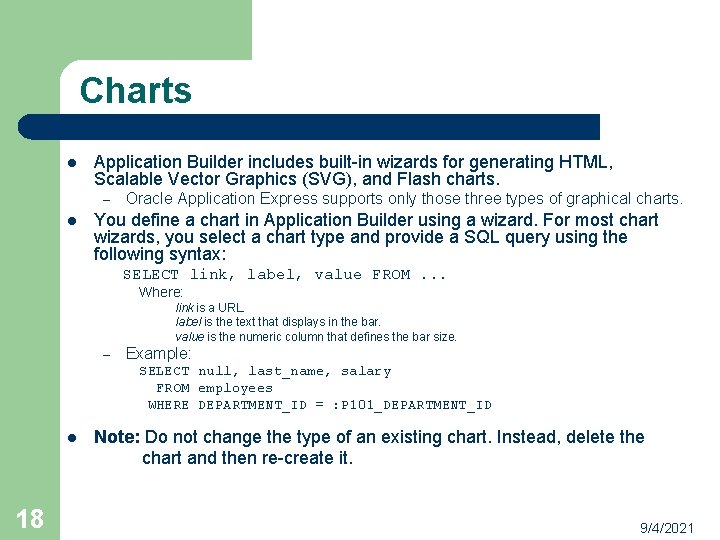 Charts l Application Builder includes built-in wizards for generating HTML, Scalable Vector Graphics (SVG),