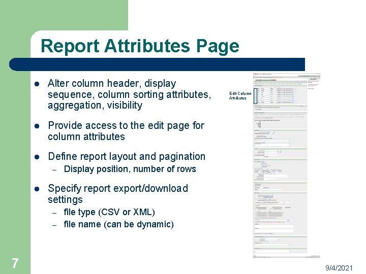 Report Attributes Page l Alter column header, display sequence, column sorting attributes, aggregation, visibility