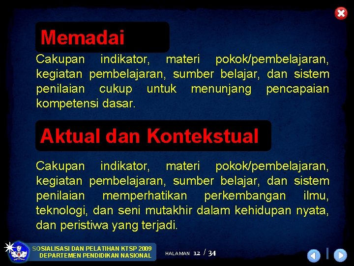 Memadai Cakupan indikator, materi pokok/pembelajaran, kegiatan pembelajaran, sumber belajar, dan sistem penilaian cukup untuk