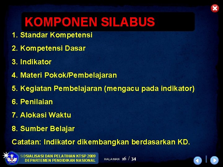 KOMPONEN SILABUS 1. Standar Kompetensi 2. Kompetensi Dasar 3. Indikator 4. Materi Pokok/Pembelajaran 5.