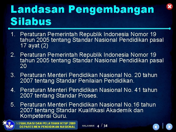 Landasan Pengembangan Silabus 1. Peraturan Pemerintah Republik Indonesia Nomor 19 tahun 2005 tentang Standar