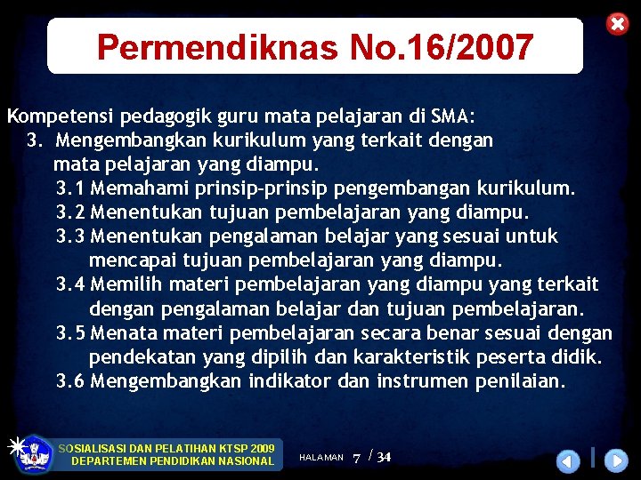 Permendiknas No. 16/2007 Kompetensi pedagogik guru mata pelajaran di SMA: 3. Mengembangkan kurikulum yang