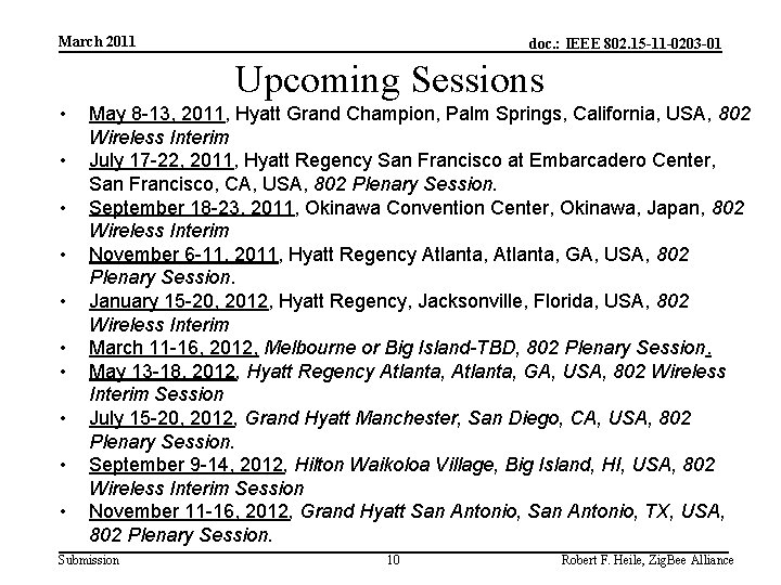 March 2011 doc. : IEEE 802. 15 -11 -0203 -01 Upcoming Sessions • •