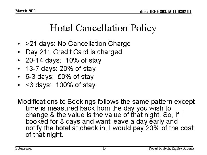 March 2011 doc. : IEEE 802. 15 -11 -0203 -01 Hotel Cancellation Policy •