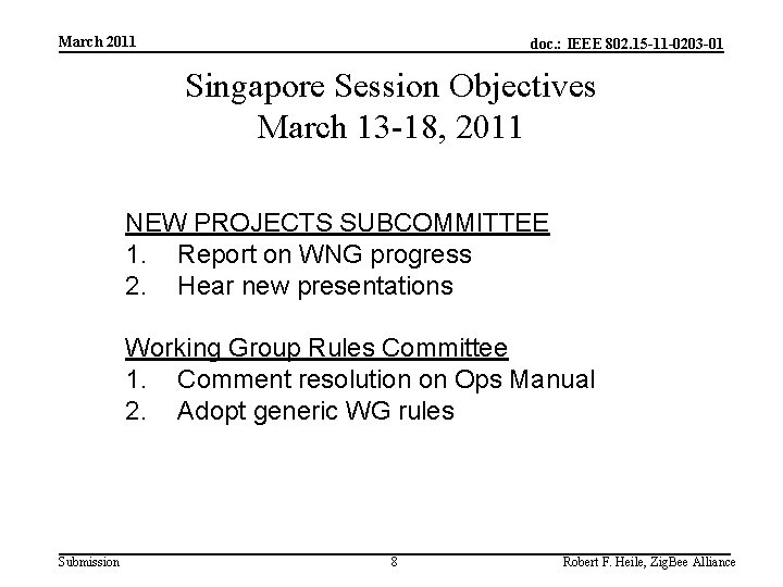 March 2011 doc. : IEEE 802. 15 -11 -0203 -01 Singapore Session Objectives March