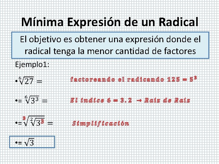 Mínima Expresión de un Radical El objetivo es obtener una expresión donde el radical