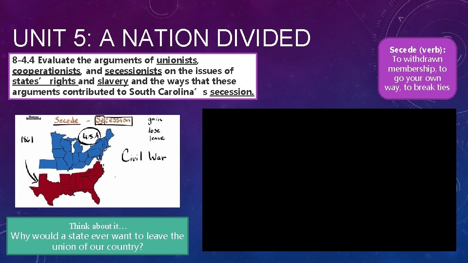 UNIT 5: A NATION DIVIDED 8 -4. 4 Evaluate the arguments of unionists, cooperationists,