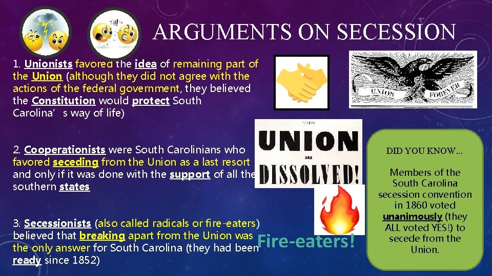 ARGUMENTS ON SECESSION 1. Unionists favored the idea of remaining part of the Union