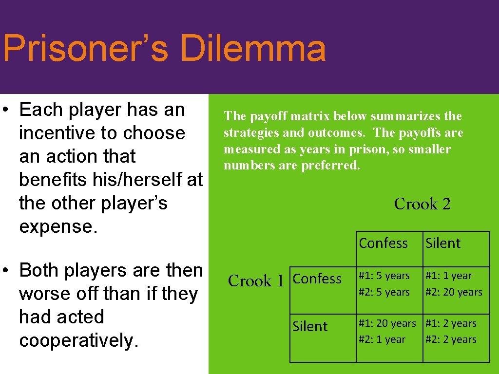 Prisoner’s Dilemma • Each player has an incentive to choose an action that benefits